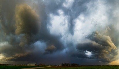 Storm clouds with rain and hail over a road, farm and fields that leads into the distance, creating a very dramatic landscape. Lithuania