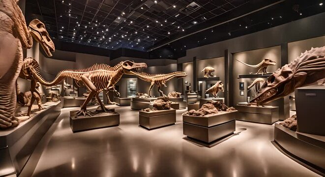 Dinosaur skeletons in a dinosaur museum.
