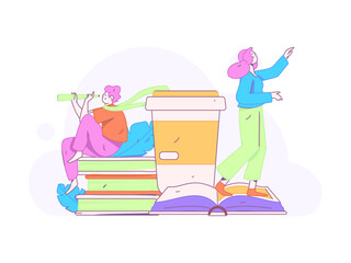 World Book Day Reading Character Flat Vector Concept Operation Hand Drawn Illustration
