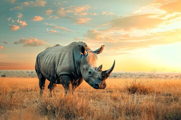 Fototapeta premium Rhinoceros in Grassland at Sunset