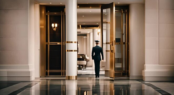 Hotel bellman working in luxury hotel.