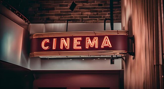 Neon sign with the text CINEMA in a cinema theater.