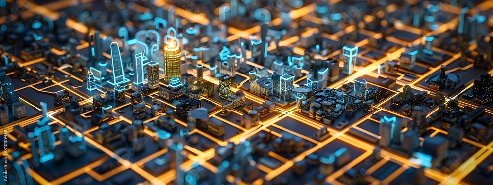 Poster 3d rendered abstract smart city map with highlighted urban infrastructure
