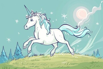 Cartoon cute doodles of a magical unicorn prancing through a meadow, Generative AI