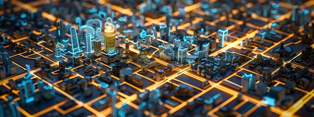 Obraz premium 3D Rendered Abstract Smart City Map with Highlighted Urban Infrastructure