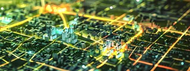 Abstract 3D Rendered Smart City Map with Highlighted Intelligent Zones and Technological