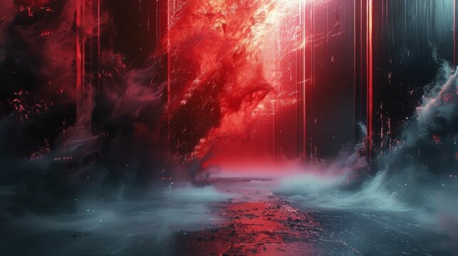 Dark with a few hints of red and mysterious but pleasing abstract visuals for hard techno music. Generative AI.
