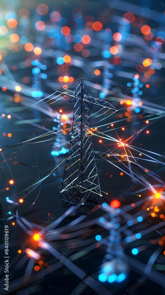 Poster futuristic smart grid interconnected utility network visualization with 3d rendered digital energy