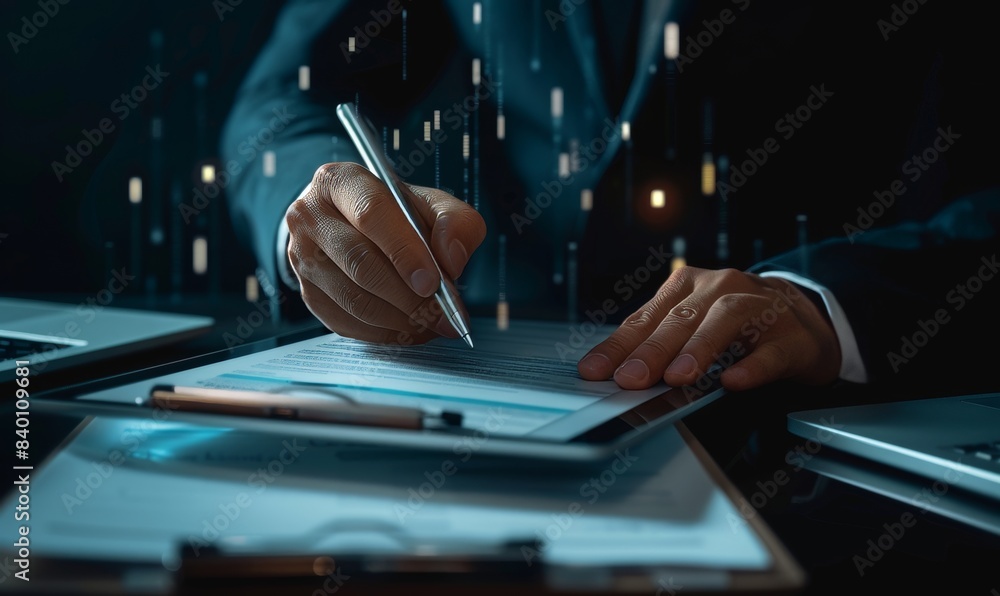 Poster an individual uses a pen to sign digital documents on a virtual screen using a digital document