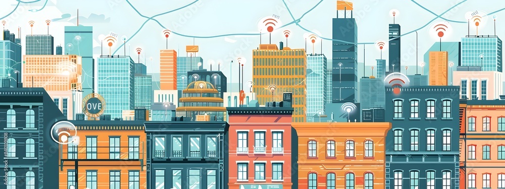Poster of a smart city with iot nodes connecting buildings and infrastructure