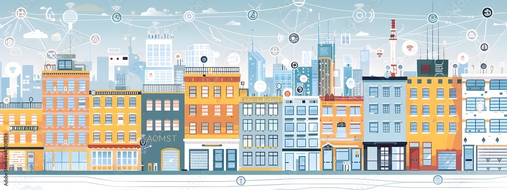 Aufkleber futuristic of smart city with visible iot nodes and interconnected buildings