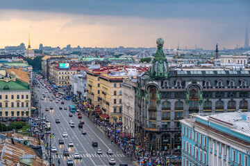 Top view of Nevsky Prospekt in St. Petersburg in Russia on August 16, 2023.