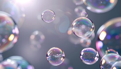 Naklejka premium Skyward Drift: Mesmerizing Soap Bubble Ballet on a Grey Canvas