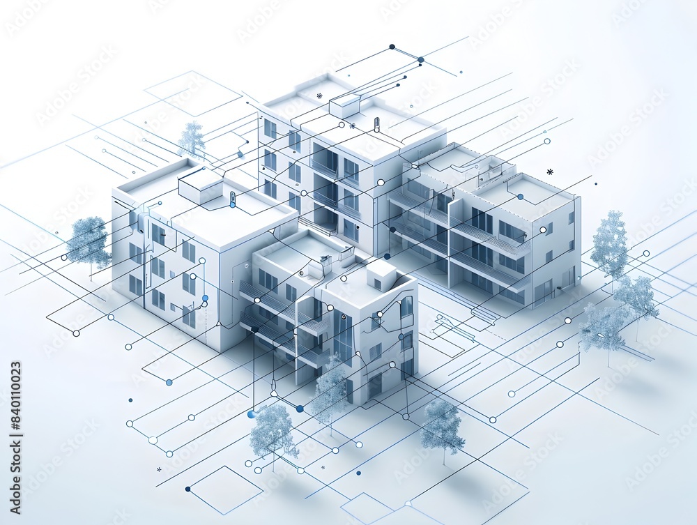 Poster connected buildings with digital architecture blueprint design