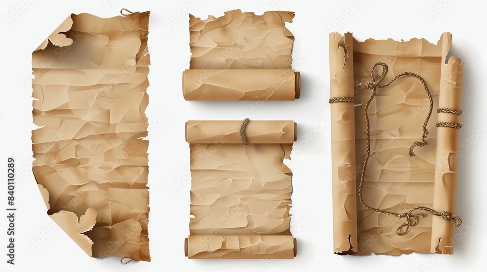 Poster isolated ancient scroll papyrus parchment paper map background modern set. 3d antique manuscript or 