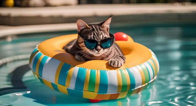 Cat with sunglasses on a float in the pool.