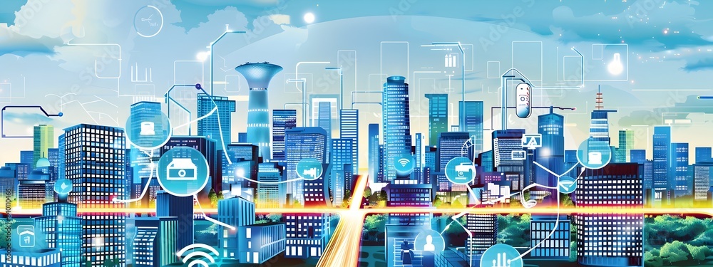 Aufkleber smart city infrastructure digital cityscape with embedded technology and futuristic architecture