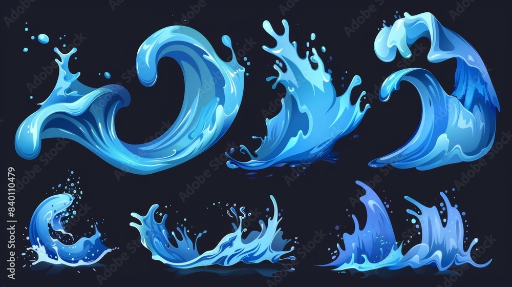 Poster liquid drop icon set with splash, puddle, falling waterfall and teardrop symbol isolated on dark bac