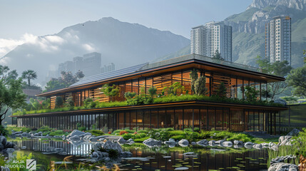 An eco-friendly school building with solar panels on the roof, Located near a mountain with tall building at the background. Generative AI.