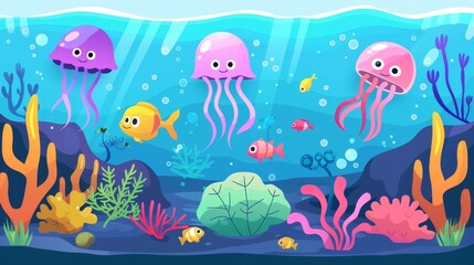 Modern illustration of funny jellyfish swimming in water around exotic fish, colorful corals and seaweed. Illustration of underwater life on ocean floor, ornamental aquarium inhabitants, marine life.