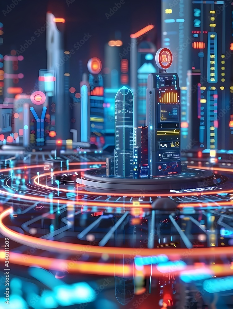 Poster futuristic smart city monitoring control center visualizing urban data insights and analytics