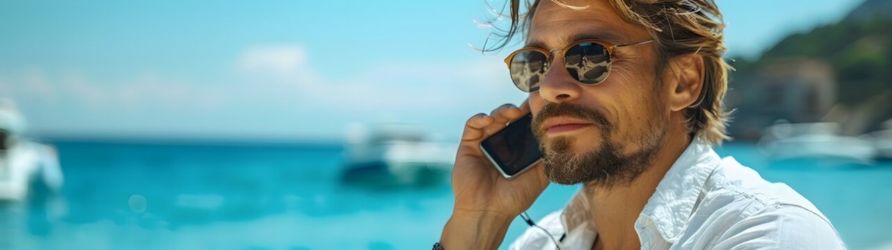 young handome man on the beach talking on the phone
