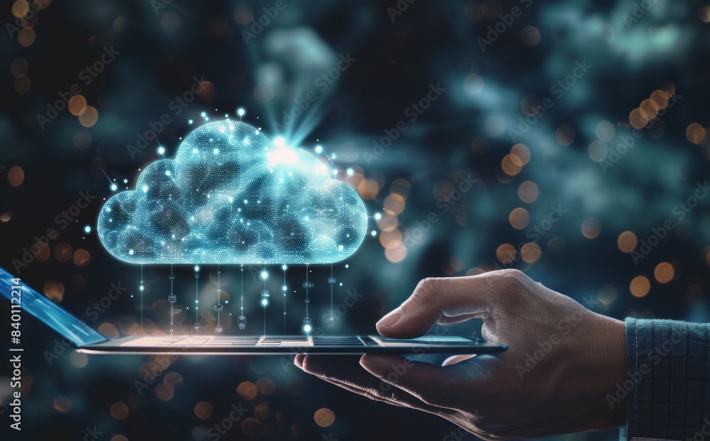 Poster a man holds a laptop with a cloud computing diagram shown on it. cloud technology. data storage. net