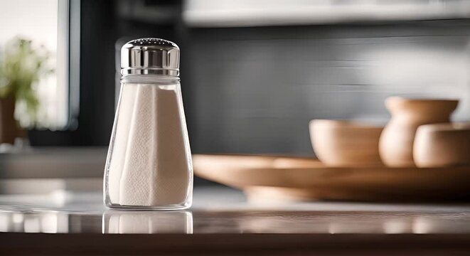 Salt shaker with salt in a kitchen.