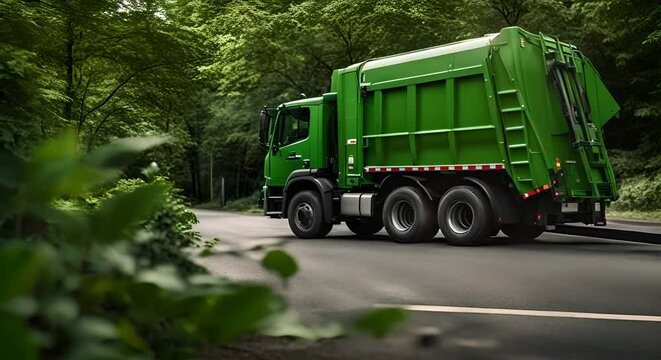 Green garbage collection truck in a city.