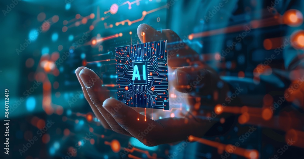 Poster tech, ai generation, businessman shows virtual graphic world wide web chat with ai, artificial intel