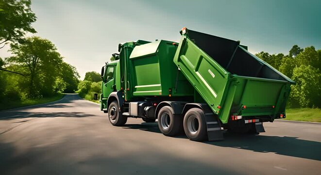 Green garbage collection truck in a city.