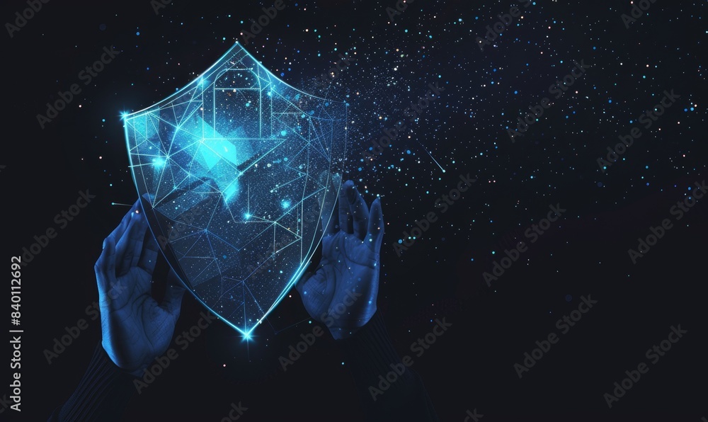 Poster cybersecurity and privacy concepts to protect data. businessman protecting personal data on smartpho
