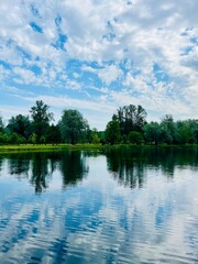 Green trees and sky reflection on the water surface, pond in the park