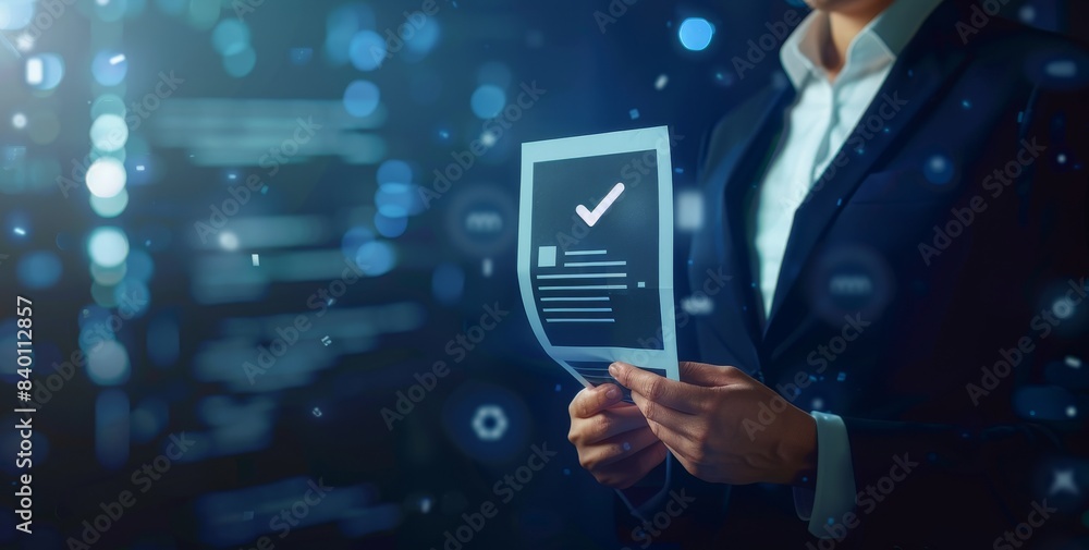 Poster using professional technology, he or she interacts with the interface of checkmarked documents, impl