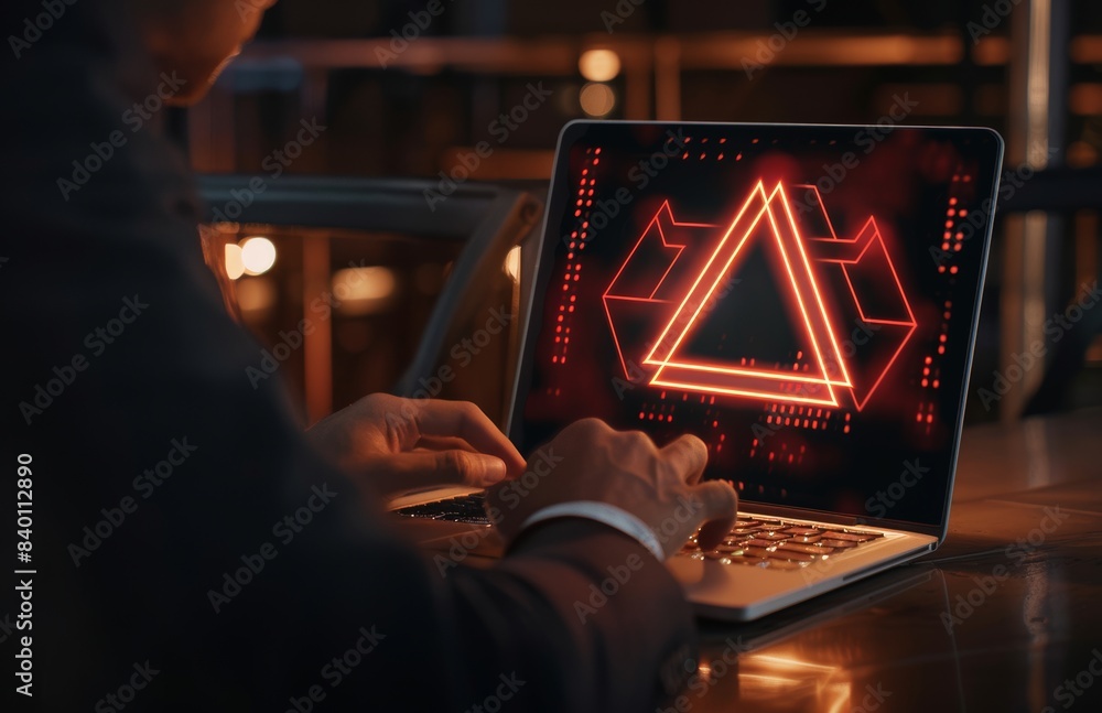 Poster digital alert symbols hover over keys of laptop, concept of cyber security and data protection. a sy