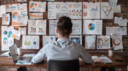 An entrepreneur planning for business growth, with a vision board, growth charts, strategic goals, and a detailed action plan displayed on a desk, illustrating the forward-thinking and strategic