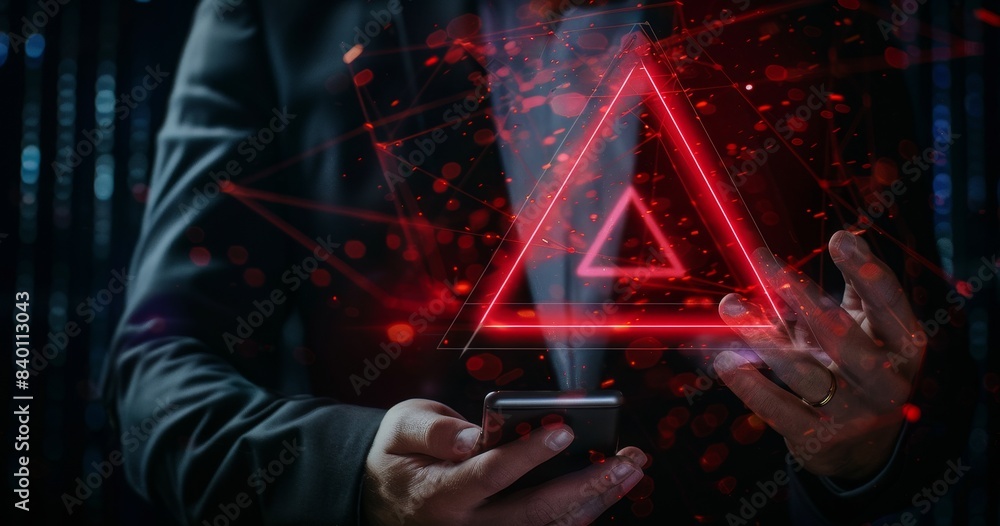 Poster a person uses a smartphone, with a warning triangle and various caution symbols, indicating cybersec