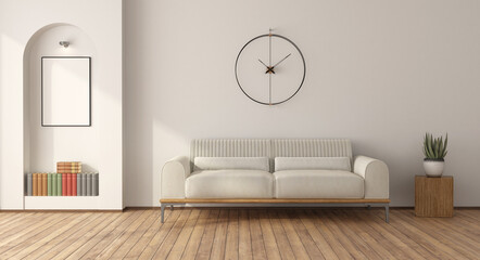 Modern living room interior with sofa and wall clock