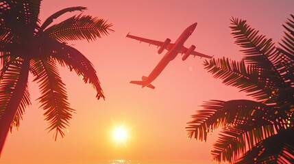 Airplane flying above palm trees in clear sunset sky