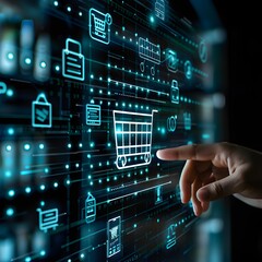 Obraz premium A hand is touching the shopping cart icon on transparent glass, with digital background and blue color scheme