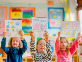 Fototapeta premium three children holding a paper with a drawing of a house in a school classroom