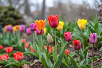 Obraz premium Colorful tulips in a garden with a distant house