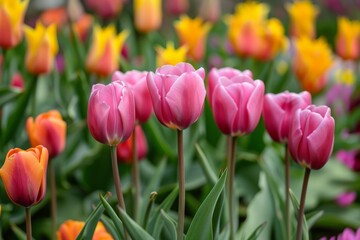 Obraz premium Numerous colorful tulips in flower meadow