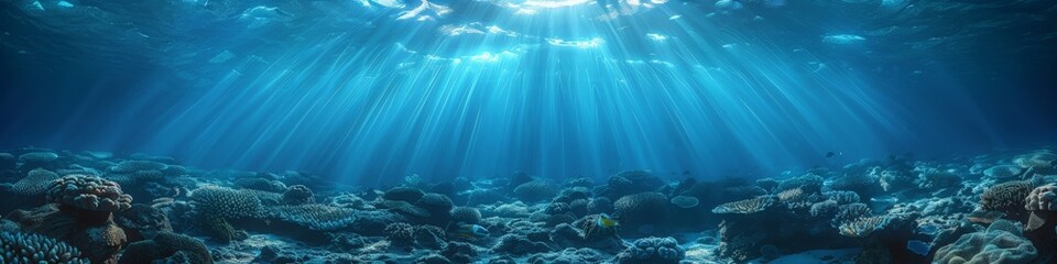 Fototapeta premium The sun is casting its light through the water above a beautiful coral reef