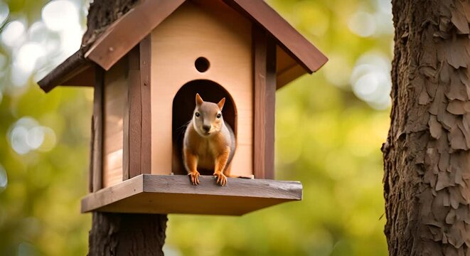 Squirrel in a bird house in a park.