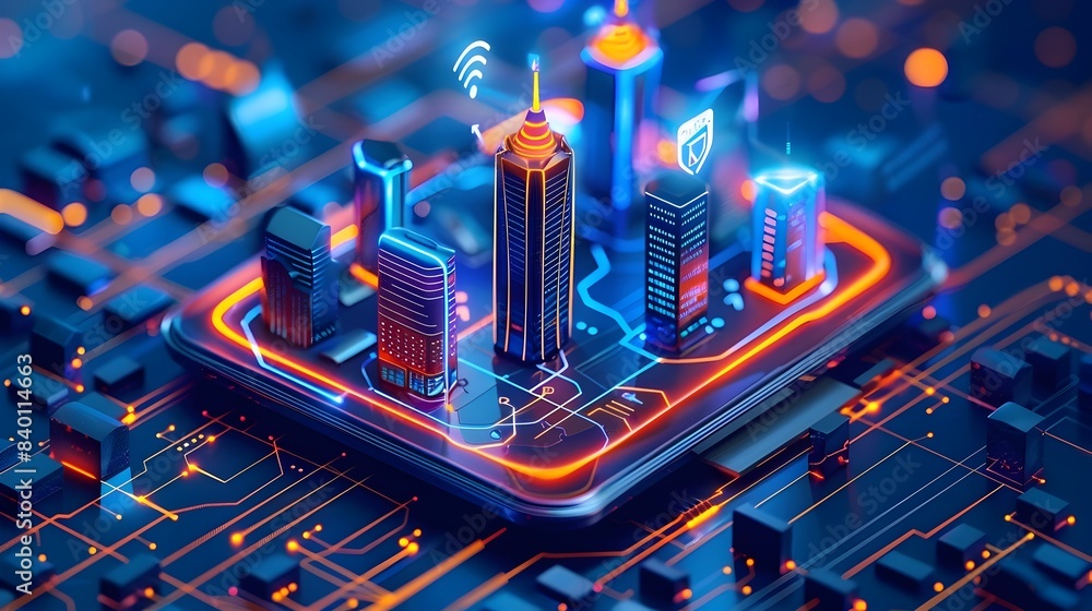Poster futuristic smart city digital interface controlling city functions and infrastructure