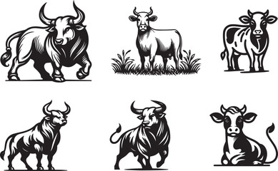 set of cow and bull silhouettes vector illustration