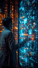 Obraz premium Man looks at futuristic screen with city in background