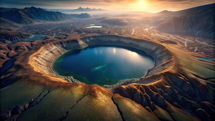 A stunning aerial view of the Kerid volcanic crater lake in South Iceland , Kerid, volcanic crater, lake, Grimsnes, South Iceland, aerial view, nature, landscape, water, blue, geology