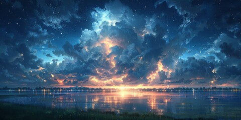 Obraz premium Serene night painting of a lake with drifting clouds and twinkling stars